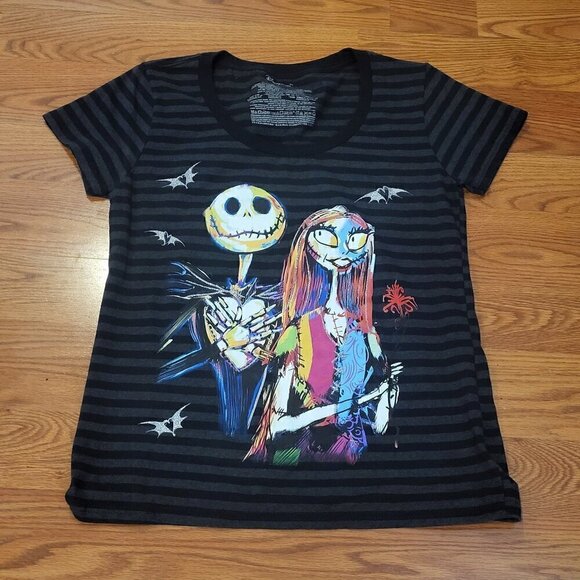 Disney Store Nightmare Before Christmas Jack & Sally Striped T-Shirt L Women's - Picture 1 of 12
